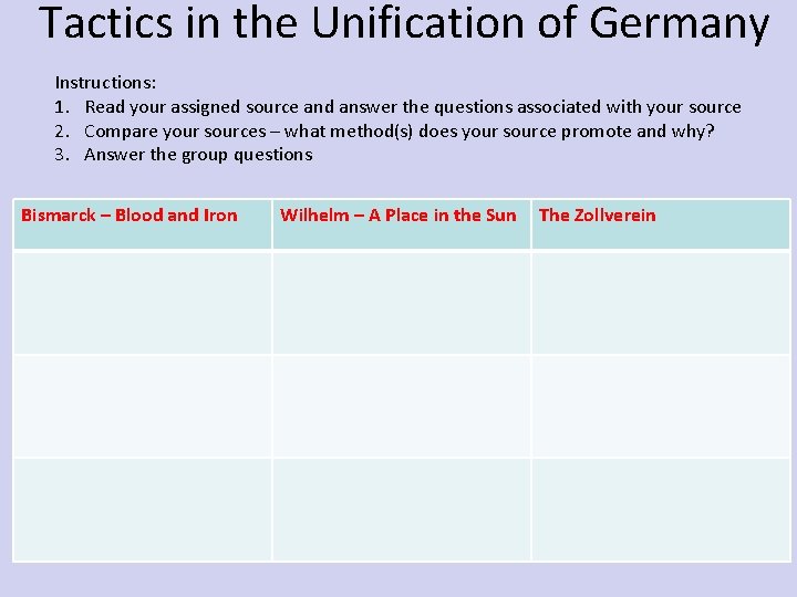 Tactics in the Unification of Germany Instructions: 1. Read your assigned source and answer