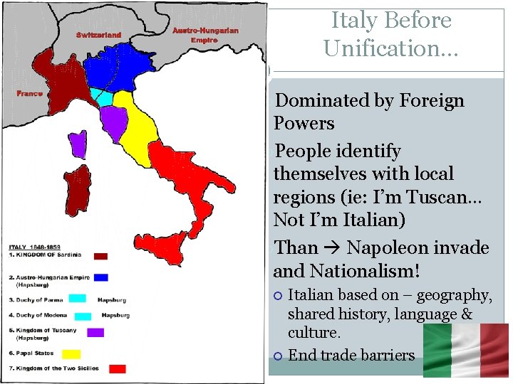 Italy Before Unification… Dominated by Foreign Powers People identify themselves with local regions (ie: