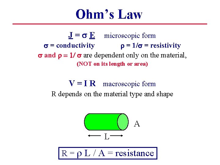 Ohm’s Law J= E microscopic form = conductivity = 1/ = resistivity and =