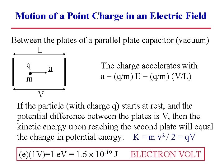 Motion of a Point Charge in an Electric Field Between the plates of a