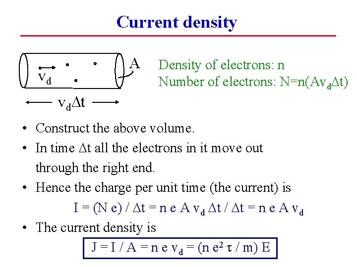 Current density A vd vd. Dt Density of electrons: n Number of electrons: N=n(Avd.