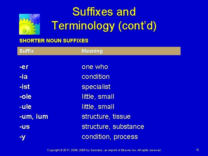 Suffixes and Terminology (cont’d) SHORTER NOUN SUFFIXES Suffix Meaning -er -ia -ist -ole -um,