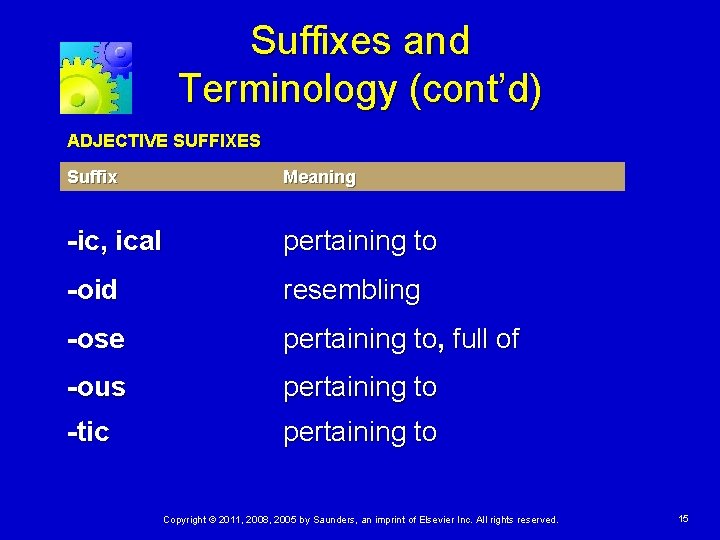 Suffixes and Terminology (cont’d) ADJECTIVE SUFFIXES Suffix Meaning -ic, ical pertaining to -oid resembling