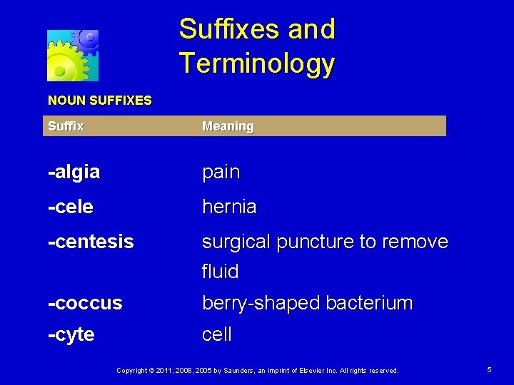 Suffixes and Terminology NOUN SUFFIXES Suffix Meaning -algia pain -cele hernia -centesis surgical puncture