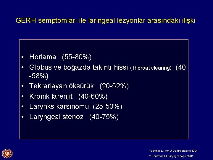 GERH semptomları ile laringeal lezyonlar arasındaki ilişki • Horlama (55 -80%) • Globus ve
