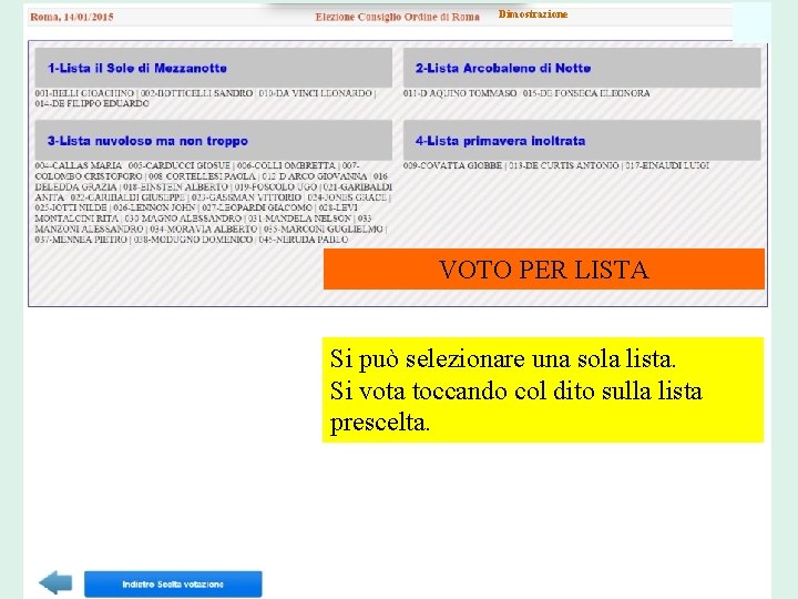 Dimostrazione VOTO PER LISTA Si può selezionare una sola lista. Si vota toccando col