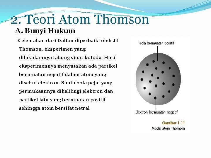 2. Teori Atom Thomson A. Bunyi Hukum Kelemahan dari Dalton diperbaiki oleh JJ. Thomson,