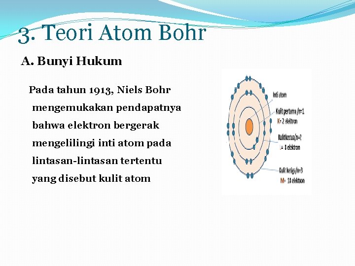 3. Teori Atom Bohr A. Bunyi Hukum Pada tahun 1913, Niels Bohr mengemukakan pendapatnya