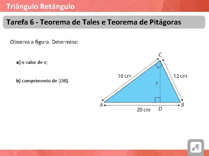 Triângulo Retângulo Tarefa 6 - Teorema de Tales e Teorema de Pitágoras Observa a