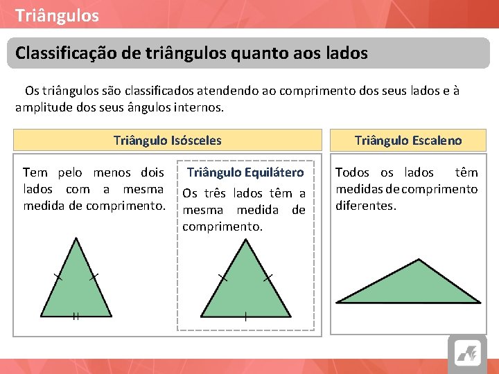 Triângulos Classificação de triângulos quanto aos lados Os triângulos são classificados atendendo ao comprimento