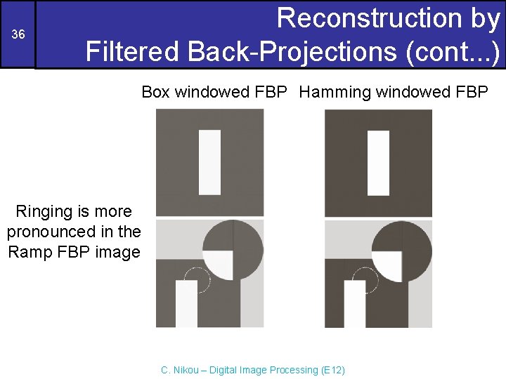 36 Reconstruction by Filtered Back-Projections (cont. . . ) Box windowed FBP Hamming windowed