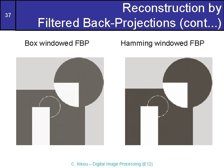 37 Reconstruction by Filtered Back-Projections (cont. . . ) Box windowed FBP Hamming windowed