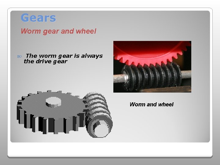 Gears Worm gear and wheel The worm gear is always the drive gear Worm