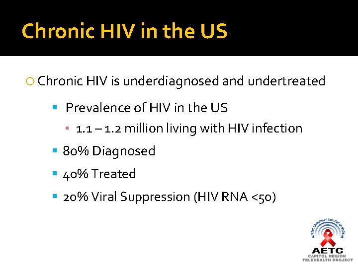 Chronic HIV in the US Chronic HIV is underdiagnosed and undertreated Prevalence of HIV