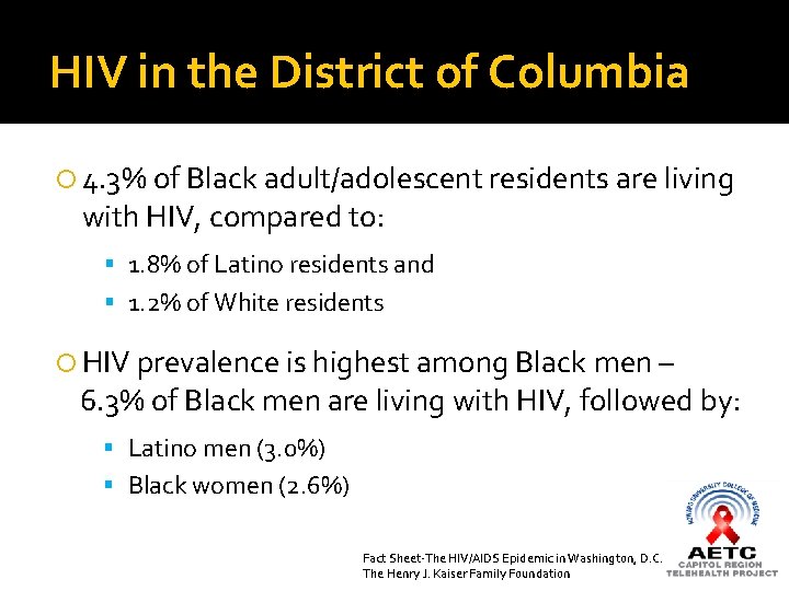 HIV in the District of Columbia 4. 3% of Black adult/adolescent residents are living