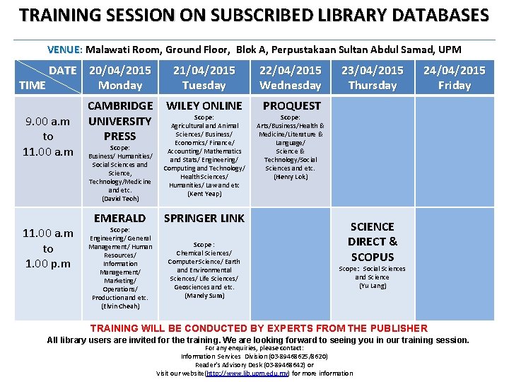 TRAINING SESSION ON SUBSCRIBED LIBRARY DATABASES VENUE: VENUE Malawati Room, Ground Floor, Blok A,