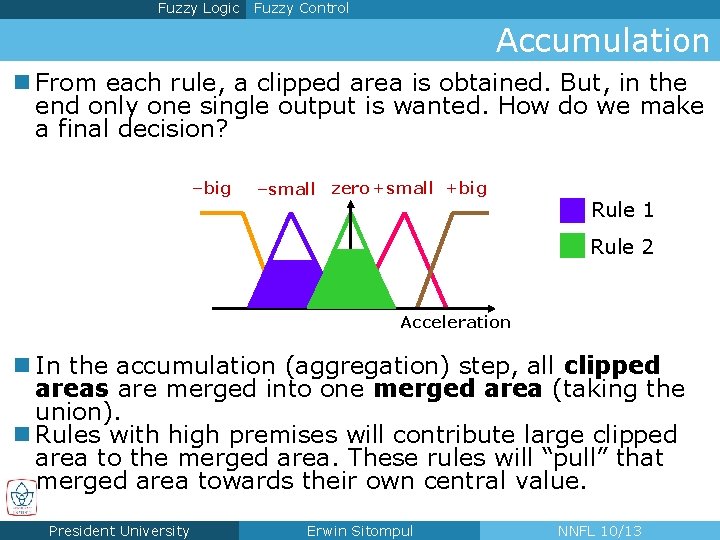 Fuzzy Logic Fuzzy Control Accumulation n From each rule, a clipped area is obtained.