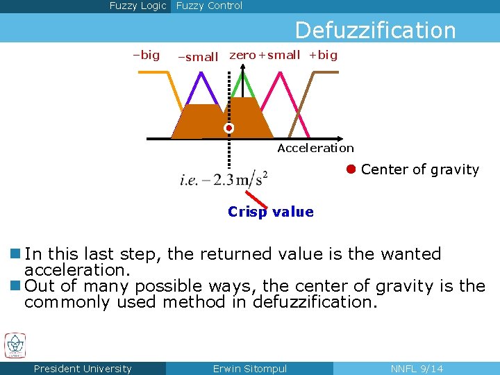 Fuzzy Logic Fuzzy Control Defuzzification –big –small zero +small +big Acceleration Center of gravity