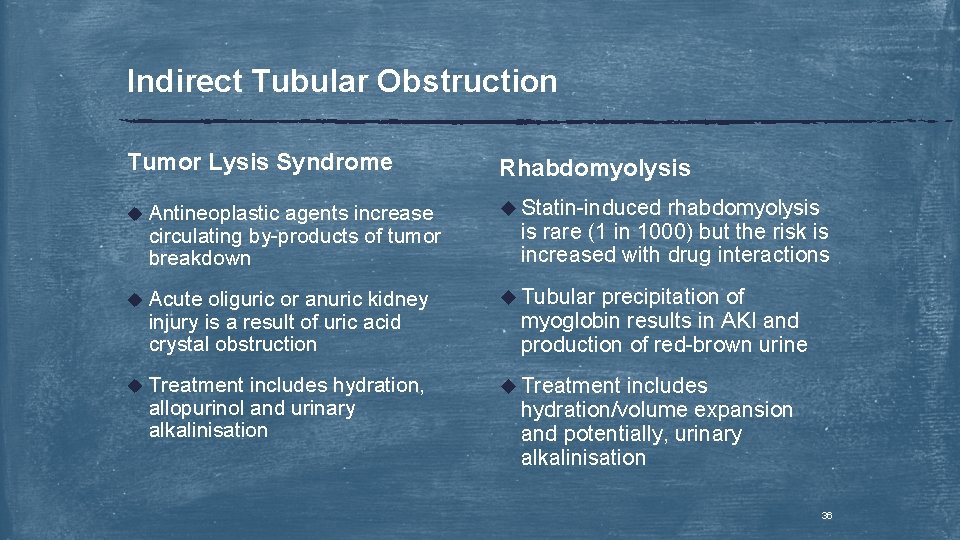 Indirect Tubular Obstruction Tumor Lysis Syndrome Rhabdomyolysis u Antineoplastic u Statin-induced u Acute u