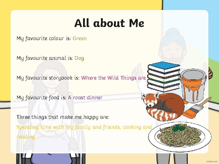 All about Me My favourite colour is: Green My favourite animal is: Dog My