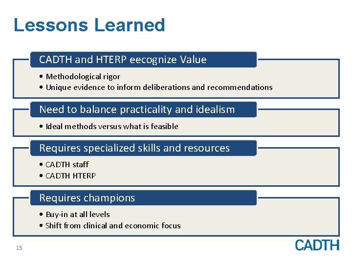 Lessons Learned CADTH and HTERP eecognize Value • Methodological rigor • Unique evidence to