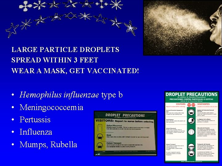 LARGE PARTICLE DROPLETS SPREAD WITHIN 3 FEET WEAR A MASK, GET VACCINATED! • •