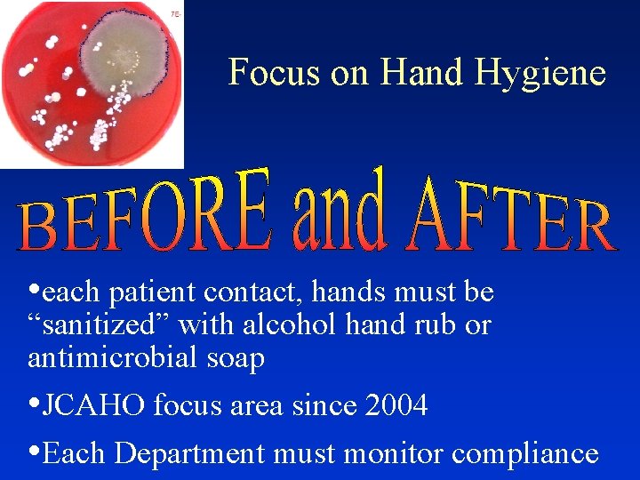 Focus on Hand Hygiene • each patient contact, hands must be “sanitized” with alcohol