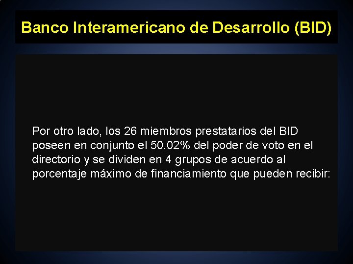 Banco Interamericano de Desarrollo (BID) Por otro lado, los 26 miembros prestatarios del BID