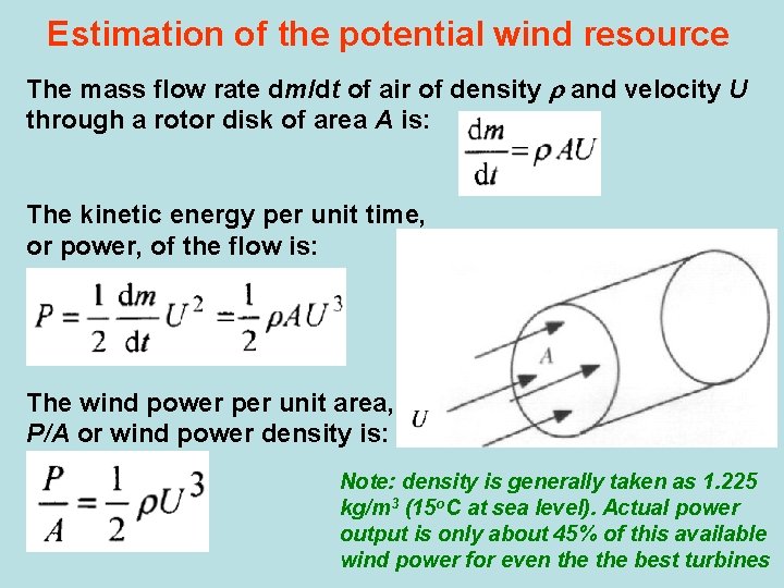 Estimation of the potential wind resource The mass flow rate dm/dt of air of