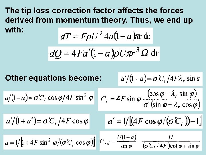 The tip loss correction factor affects the forces derived from momentum theory. Thus, we
