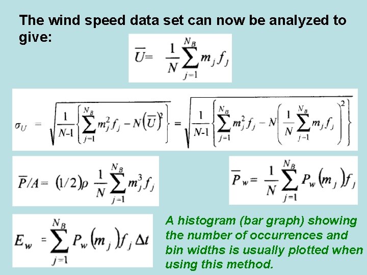 The wind speed data set can now be analyzed to give: A histogram (bar