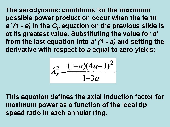 The aerodynamic conditions for the maximum possible power production occur when the term a’