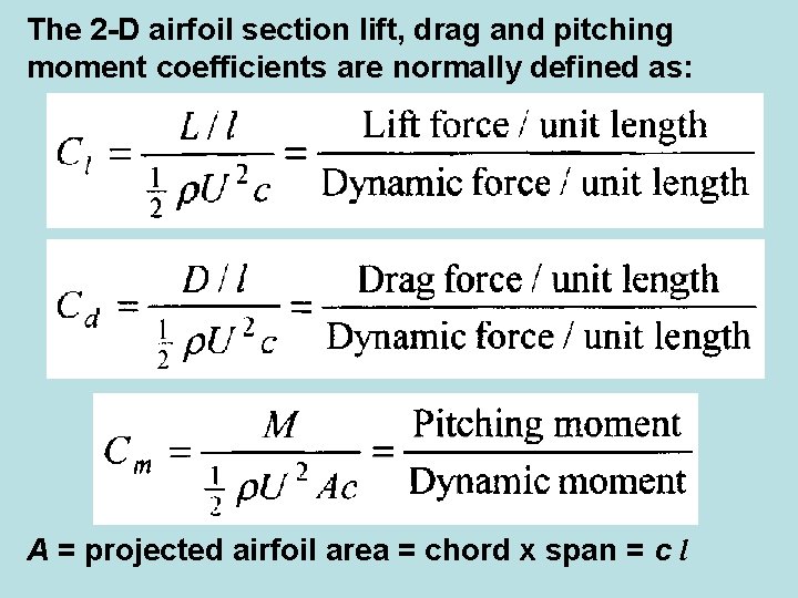 The 2 -D airfoil section lift, drag and pitching moment coefficients are normally defined