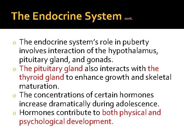 The Endocrine System cont. The endocrine system’s role in puberty involves interaction of the