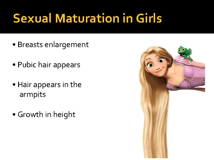 Sexual Maturation in Girls • Breasts enlargement • Pubic hair appears • Hair appears