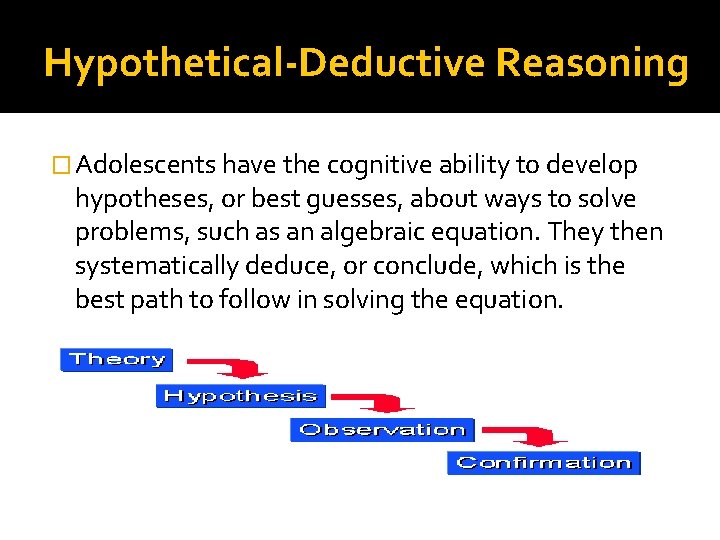 Hypothetical-Deductive Reasoning � Adolescents have the cognitive ability to develop hypotheses, or best guesses,