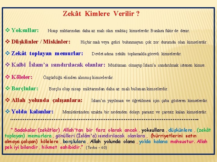 Zekât Kimlere Verilir ? Yoksullar: Nisap miktarından daha az malı olan muhtaç kimselerdir. Bunlara