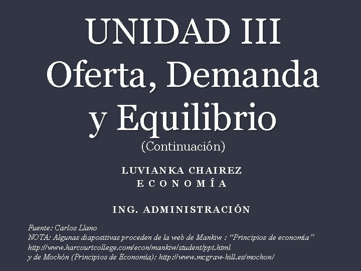 UNIDAD III Oferta, Demanda y Equilibrio (Continuación) LUVIANKA CHAIREZ E C O N O