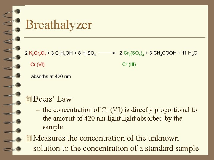 Breathalyzer 4 Beers’ Law – the concentration of Cr (VI) is directly proportional to