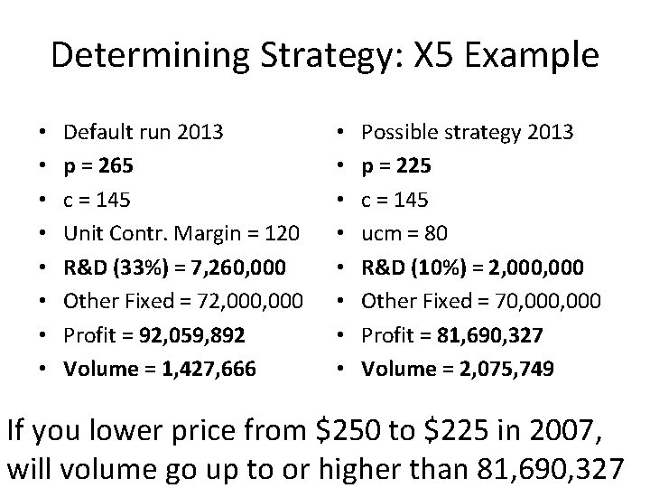 Determining Strategy: X 5 Example • • Default run 2013 p = 265 c