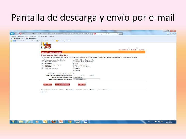 Pantalla de descarga y envío por e-mail 