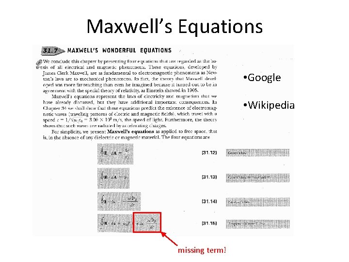 Maxwell’s Equations • Google • Wikipedia missing term! 