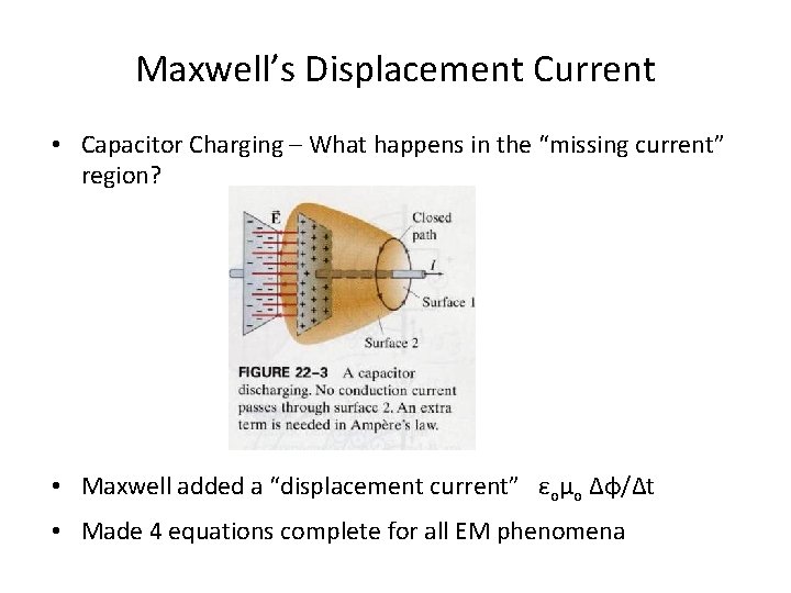 Maxwell’s Displacement Current • Capacitor Charging – What happens in the “missing current” region?