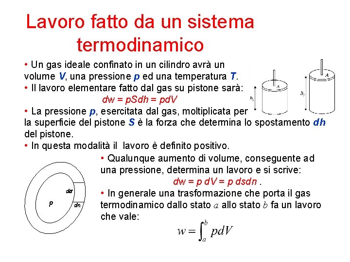 Lavoro fatto da un sistema termodinamico • Un gas ideale confinato in un cilindro