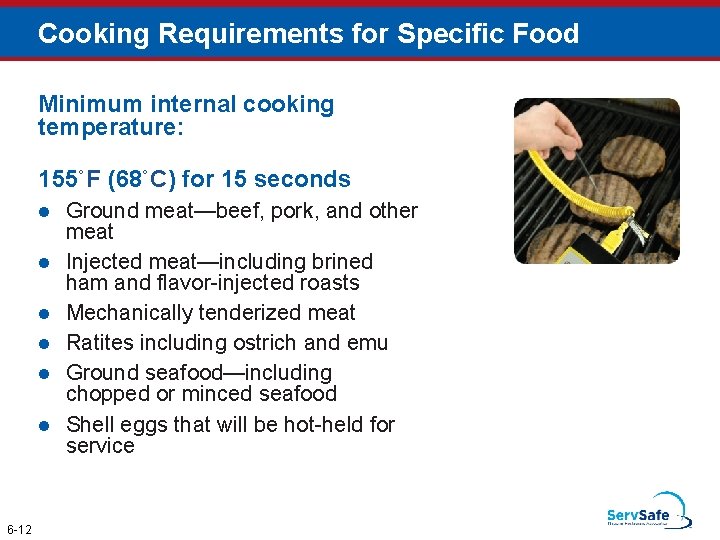 Cooking Requirements for Specific Food Minimum internal cooking temperature: 155˚F (68˚C) for 15 seconds