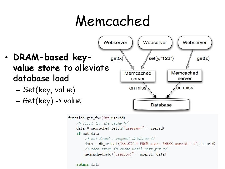 Memcached • DRAM-based keyvalue store to alleviate database load – Set(key, value) – Get(key)