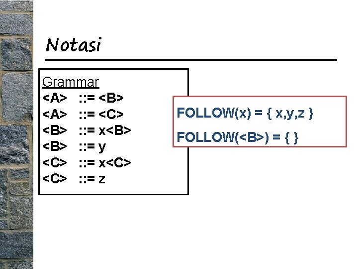 Notasi Grammar <A> : : = <B> <A> : : = <C> <B> :