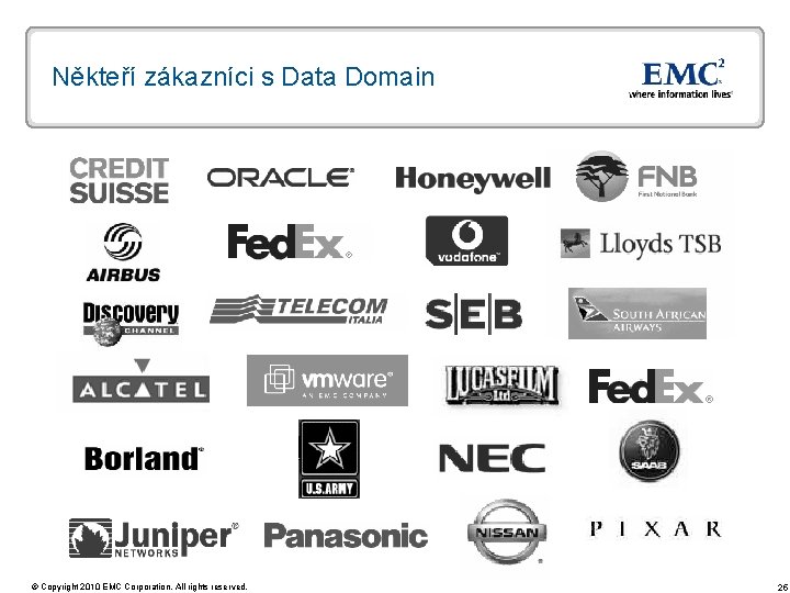 Někteří zákazníci s Data Domain © Copyright 2010 EMC Corporation. All rights reserved. 25