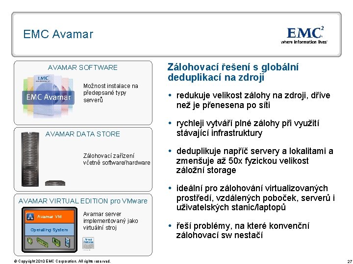 EMC Avamar AVAMAR SOFTWARE Možnost instalace na předepsané typy serverů AVAMAR DATA STORE Zálohovací