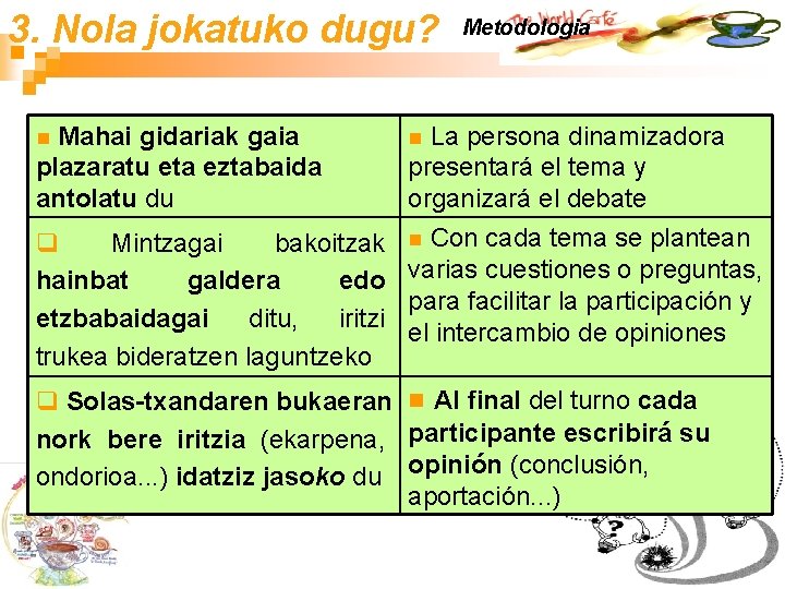 3. Nola jokatuko dugu? Mahai gidariak gaia plazaratu eta eztabaida antolatu du Metodologia La